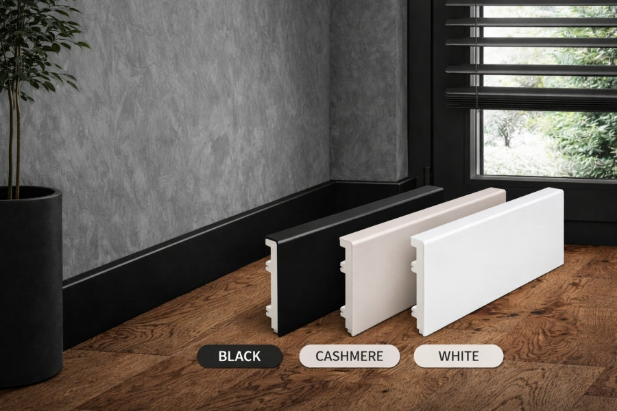 80 MM x 15 MM x 2200 MM Length – PVC Skirting Board -White / Black / Cashmere- Status Line