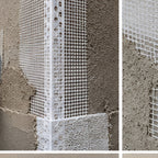 Close-up of 70x70mm PVC mesh render corner bead embedded into fresh exterior render