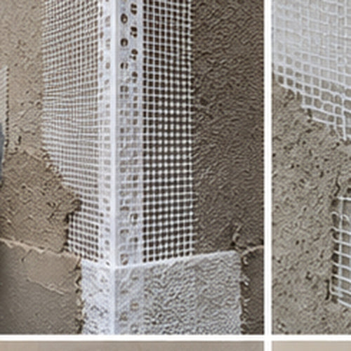 Close-up of 70x70mm PVC mesh render corner bead embedded into fresh exterior render