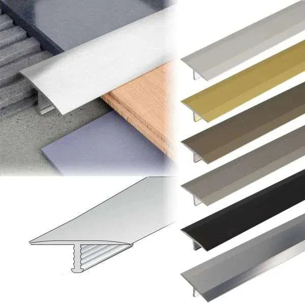 Set of metal stair nosings in various colors with a close-up and dimensions shown.