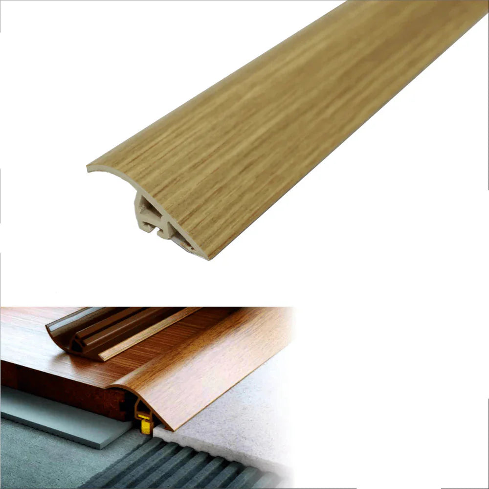 Wooden floor trim with natural oak finish, UPVC label, and measurements on a white background.
