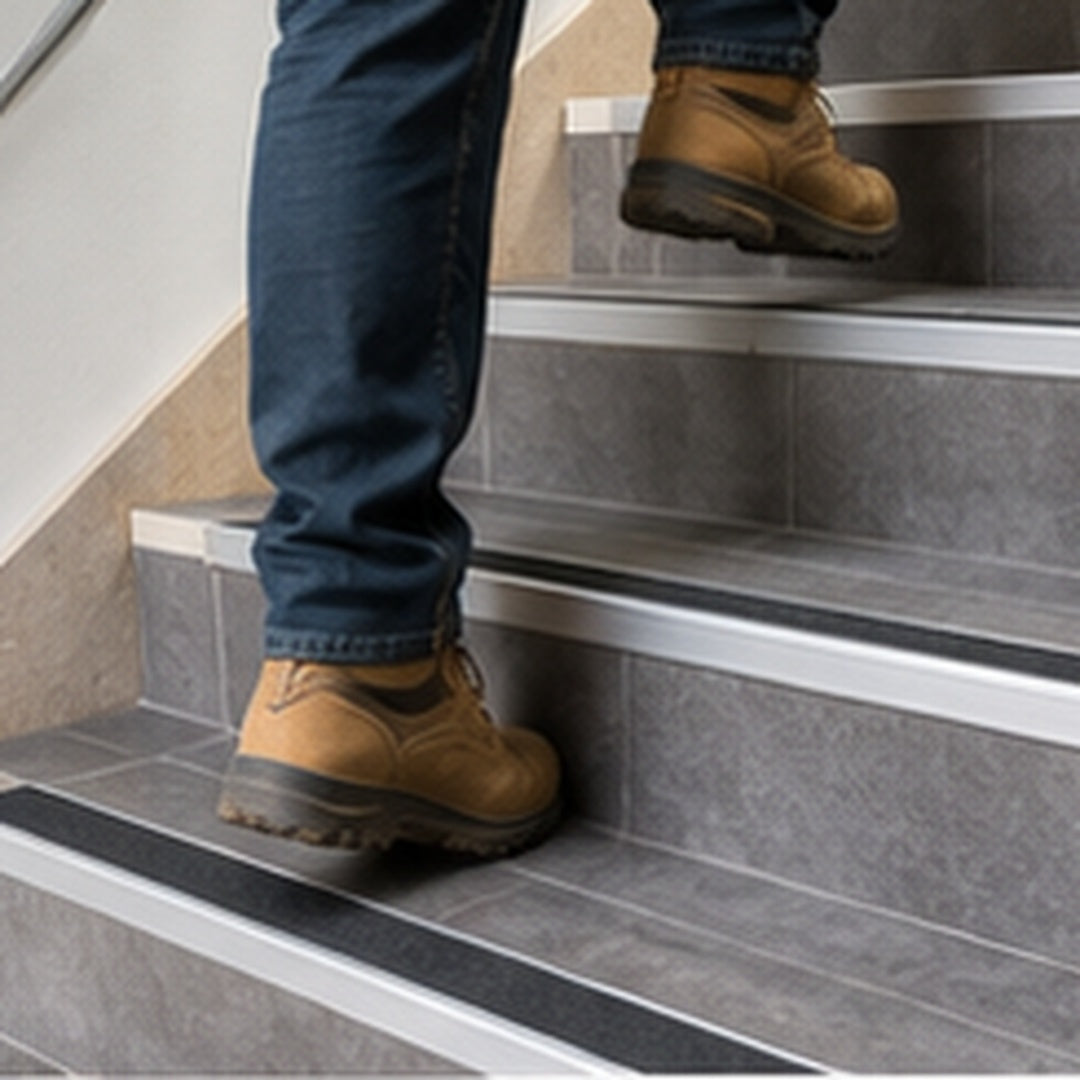 63mm NHD06 aluminium stair edge with Tredsafe anti-slip insert installed on tiled stairs