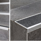 Close-up of 63mm NHD06 aluminium stair edge showing textured Tredsafe anti-slip insert