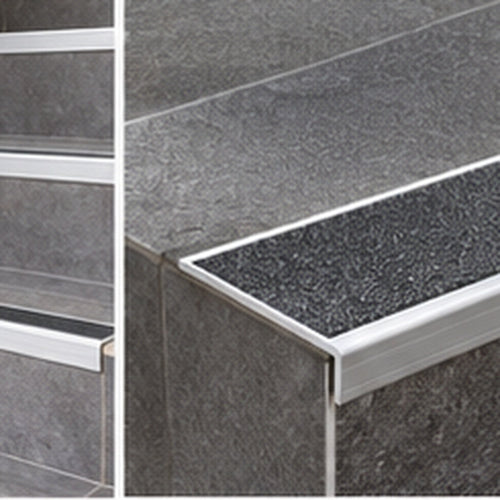 Close-up of 63mm NHD06 aluminium stair edge showing textured Tredsafe anti-slip insert