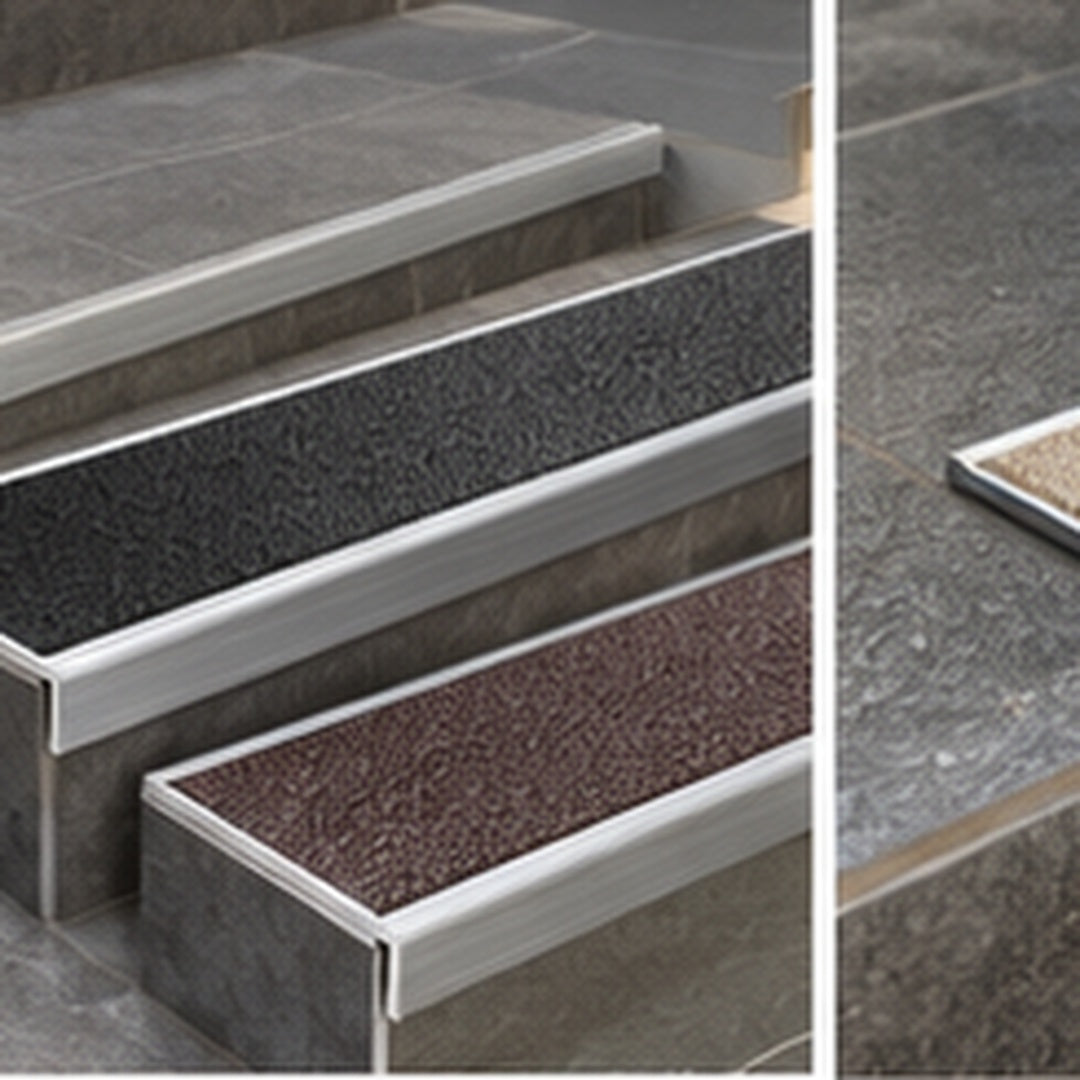 Close-up of NHD06 Tredsafe stair edge profile installed on a tiled step