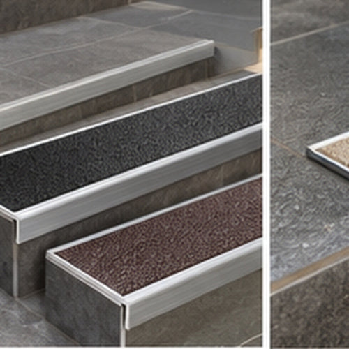 Close-up of NHD06 Tredsafe stair edge profile installed on a tiled step