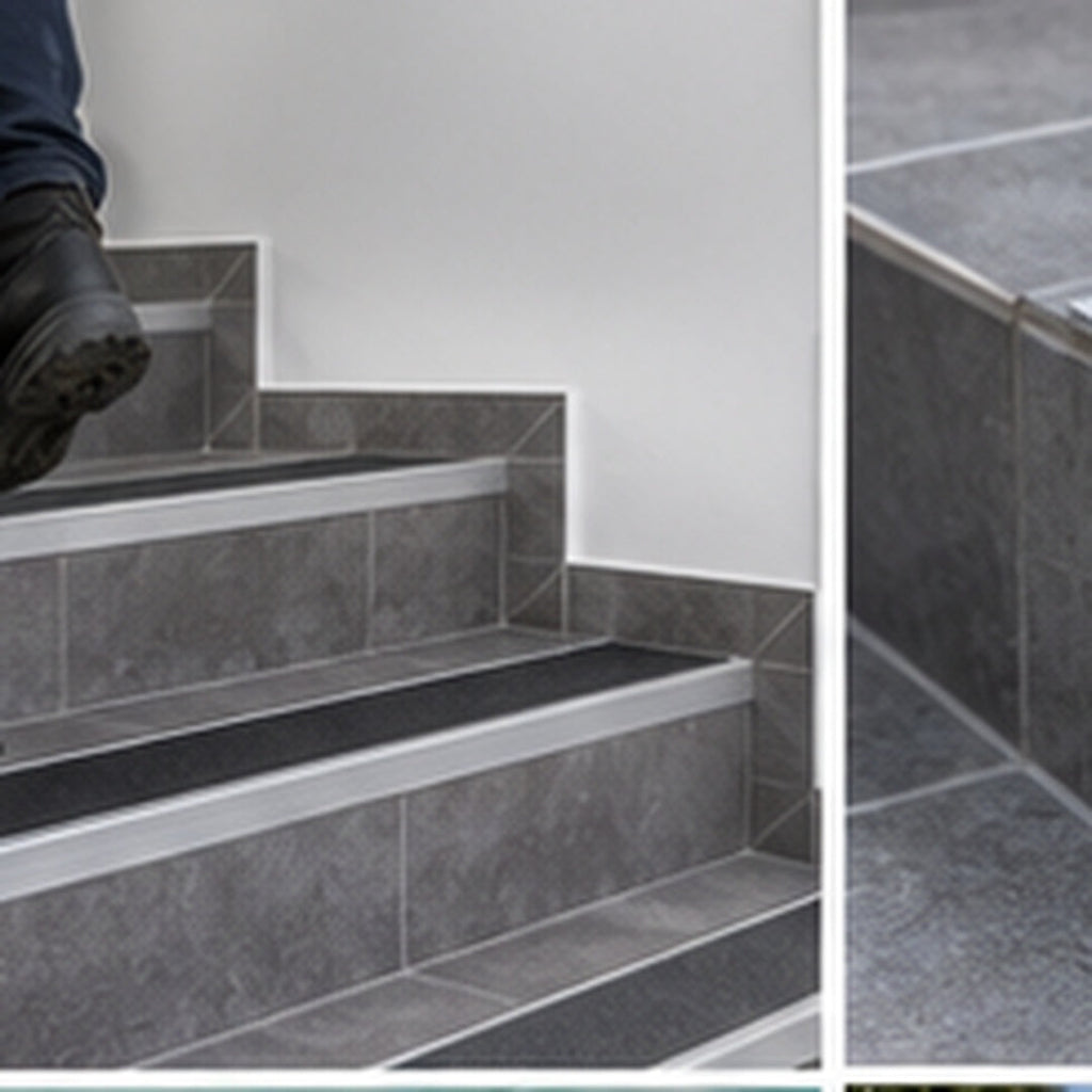 Close-up of 71mm NHD08 Tredsafe aluminium stair edge installed on a tiled stair edge