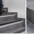 Close-up of 71mm NHD08 Tredsafe aluminium stair edge installed on a tiled stair edge