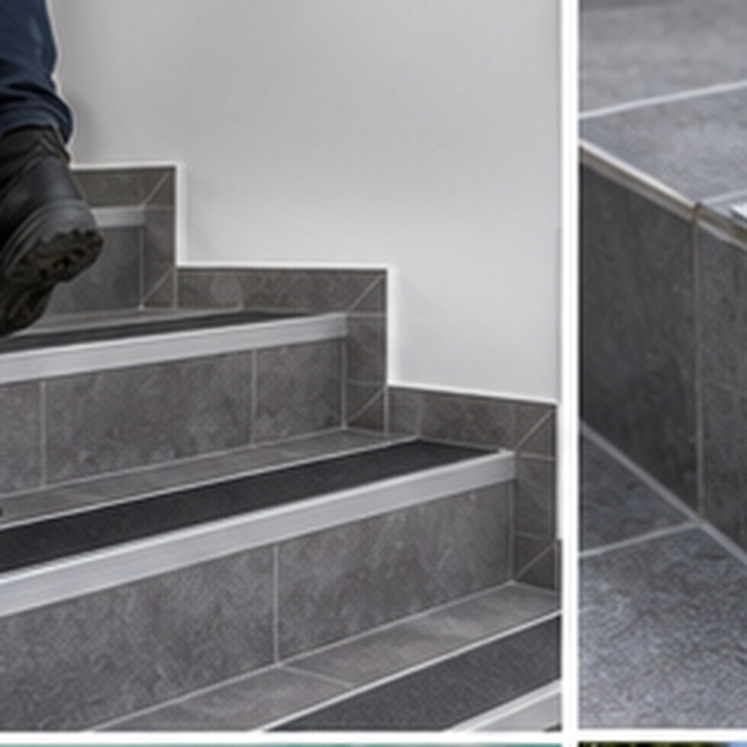 Close-up of 71mm NHD08 Tredsafe aluminium stair edge installed on a tiled stair edge