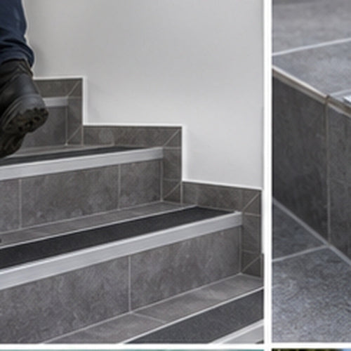 Close-up of 71mm NHD08 Tredsafe aluminium stair edge installed on a tiled stair edge