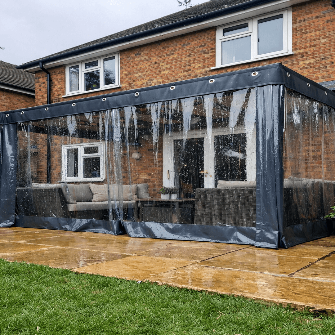 Heavy Duty Waterproof PVC Outdoor Curtain 0.6mm – Clear Weatherproof Screen with Eyelets and Hooks for Patios & Pergolas