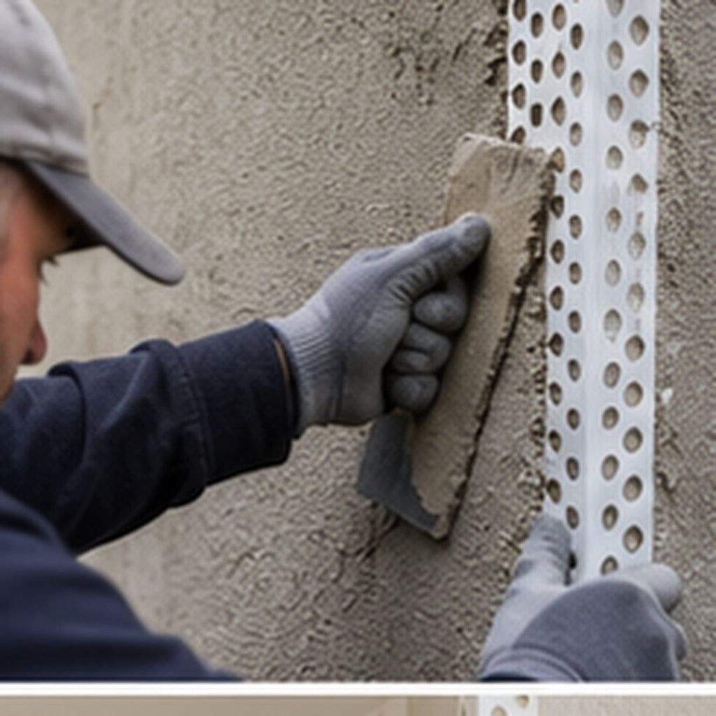 25x25mm PVC render corner bead being embedded into fresh exterior render by a plasterer