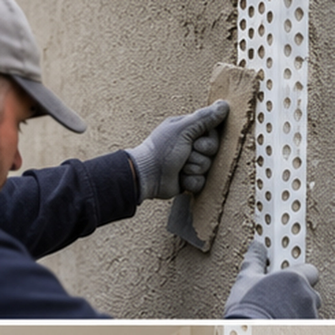 25x25mm PVC render corner bead being embedded into fresh exterior render by a plasterer