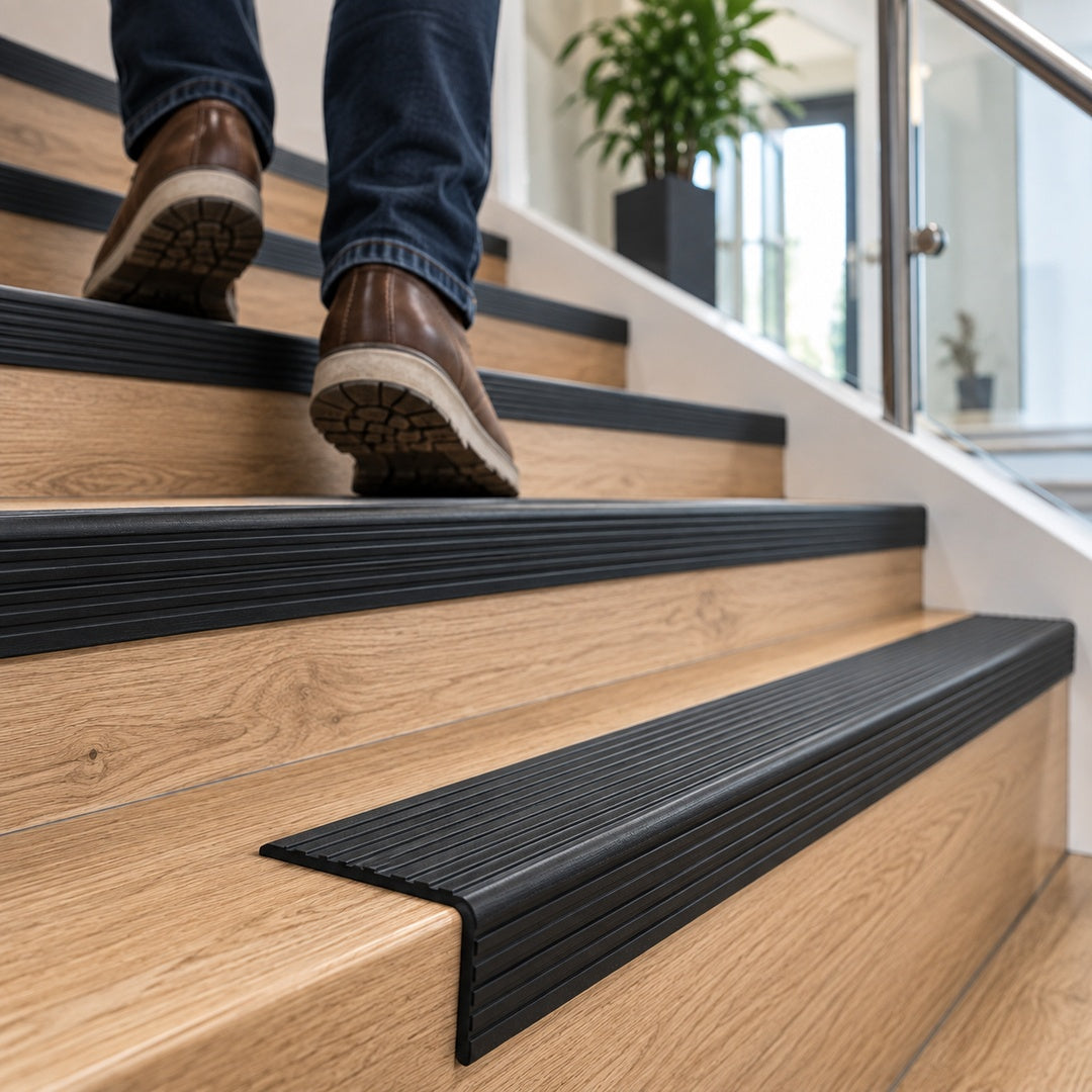 70x40mm RGPD flexible PVC non-slip stair nosing installed on residential wooden stairs with a person walking upstairs