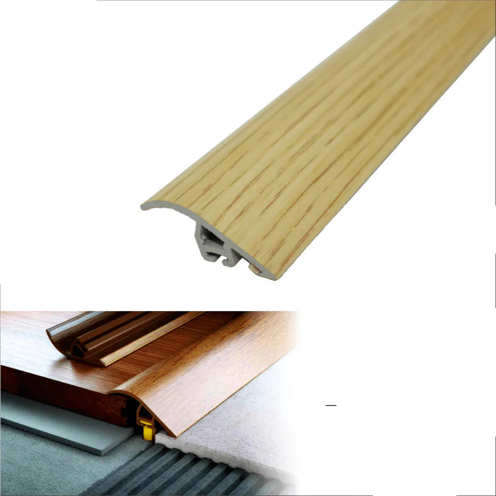 Rustic oak floor trim with UPVC label, dimensions, and installation diagram on a white background.
