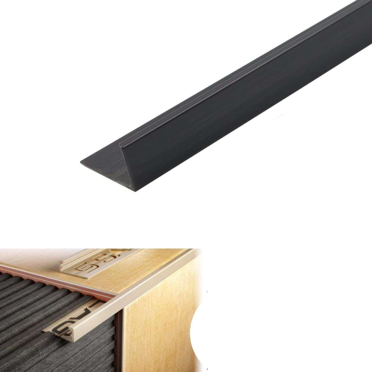 Black PVC strip with dimensions and features on a white background