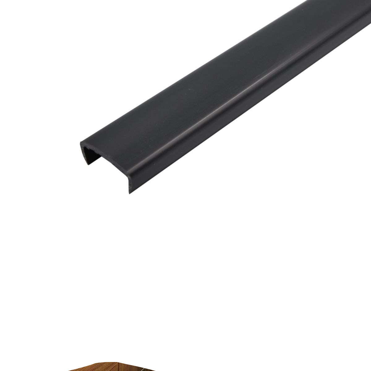 Black PVC strip with dimensions and installation example on a white background
