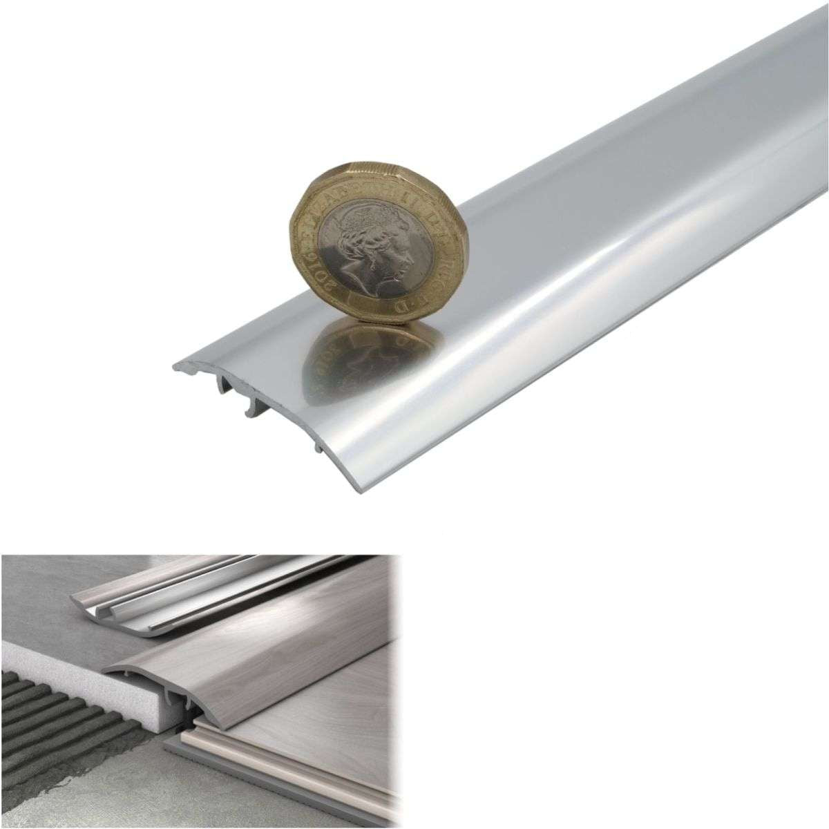 Chrome strip with a coin for scale on a white background, showing product dimensions and features.