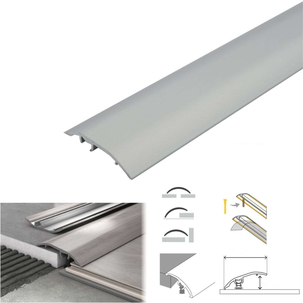 Metallic door threshold with installation diagrams on a white background