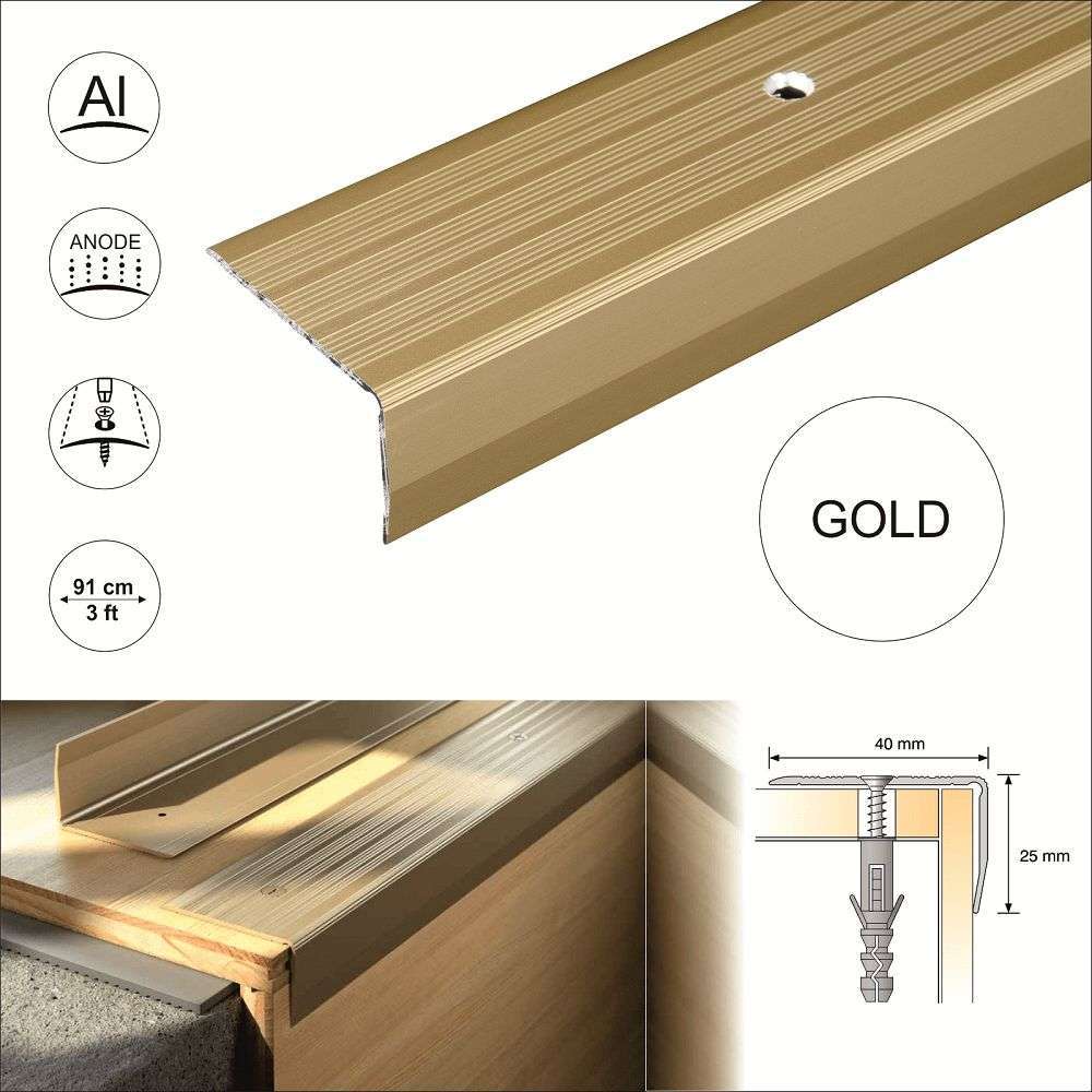 S05 40x 25mm Anodised Aluminium Non Slip Ribbed Treads Stair Nosing Edge Trim