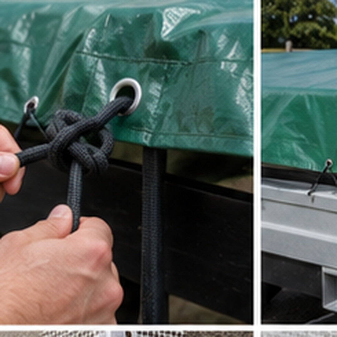 Hands fastening 8mm elastic shock cord through tarp eyelets to secure cargo