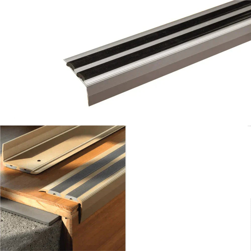 Metal stair nosing with black rubber, shown in use on a wooden staircase, with dimensions and product details.