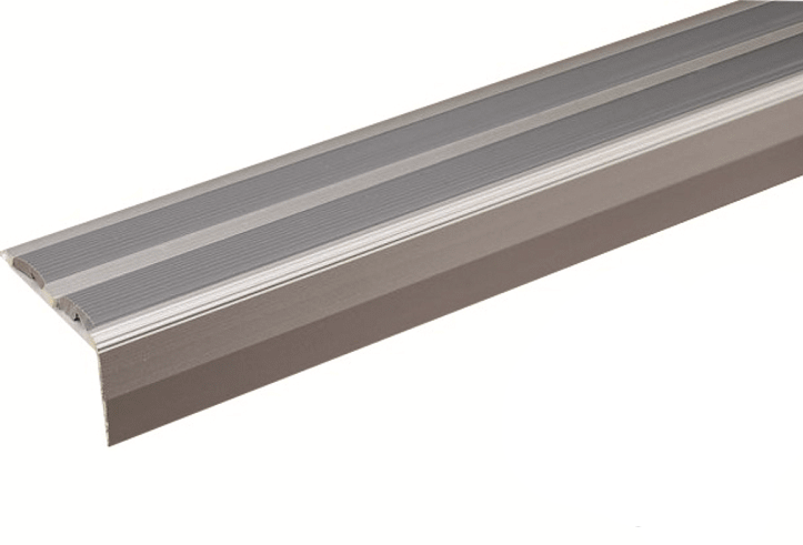 Stair tread with silver metal and gray rubber on a white background