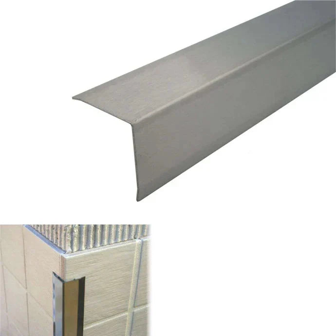Stainless steel trim strip with dimensions and material details on a white background