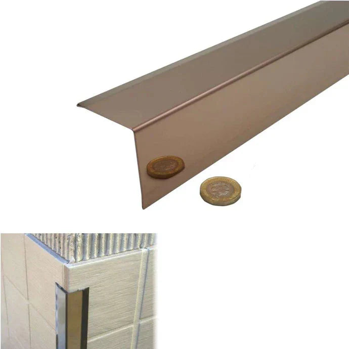 Stainless steel trim strip with dimensions and material details on a white background