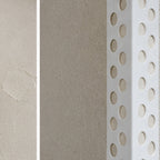 Close-up of 23x23mm PVC universal render corner bead beneath fresh plaster