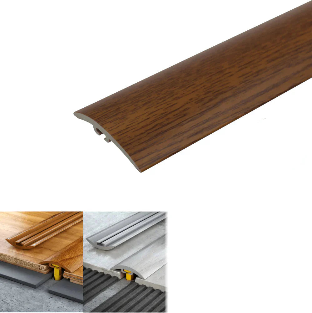 Wooden floor trim with specifications and installation details on a white background