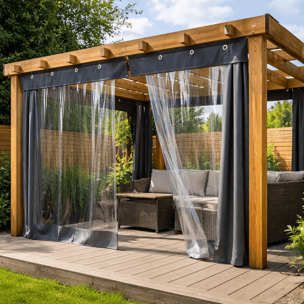 Outdoor patio with wooden pergola, outdoor furniture, and sheer curtains.