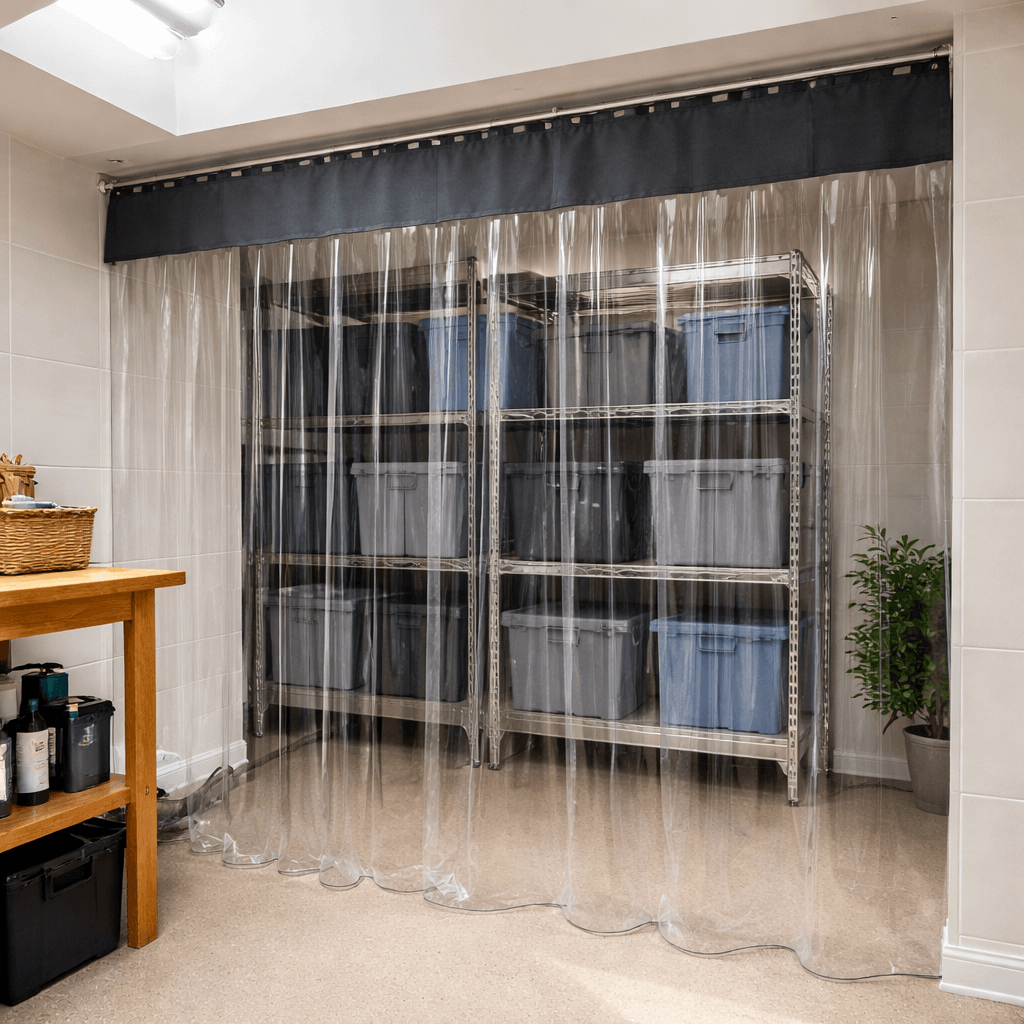 Clear plastic curtain with a black top section in a room with shelves and storage bins.