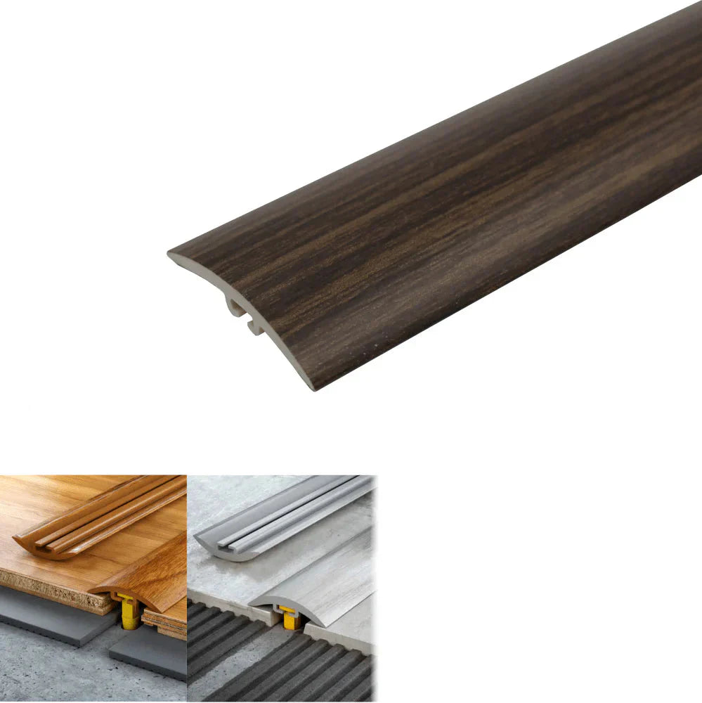 Wooden floor trim with Wenge color option and installation details on a white background